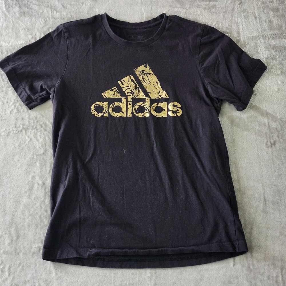Men's Adidas T Shirt Size Small Gold logo Spellout Paint Swirl